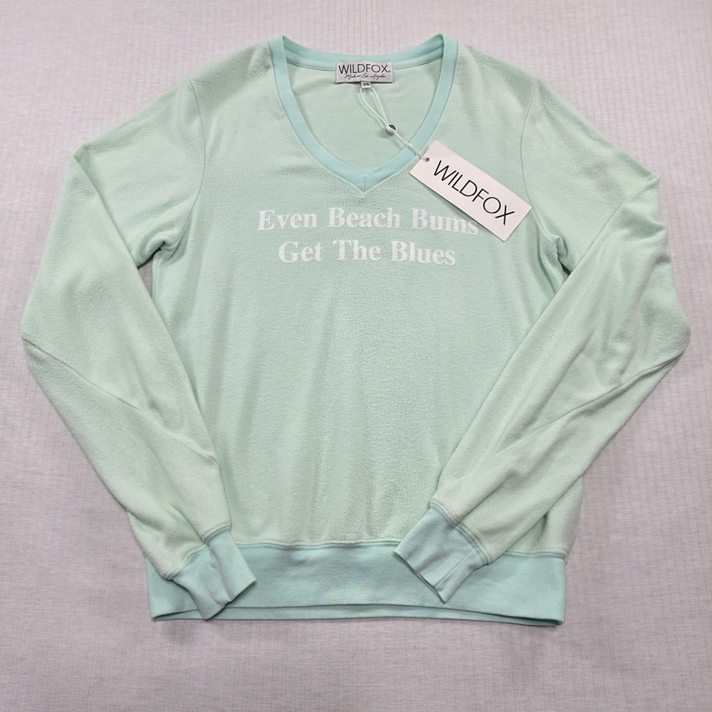 NWT Wildfox Mint Green Beach Bums Graphic V-Neck Sweatshirt XS Y2K Retro Lounge